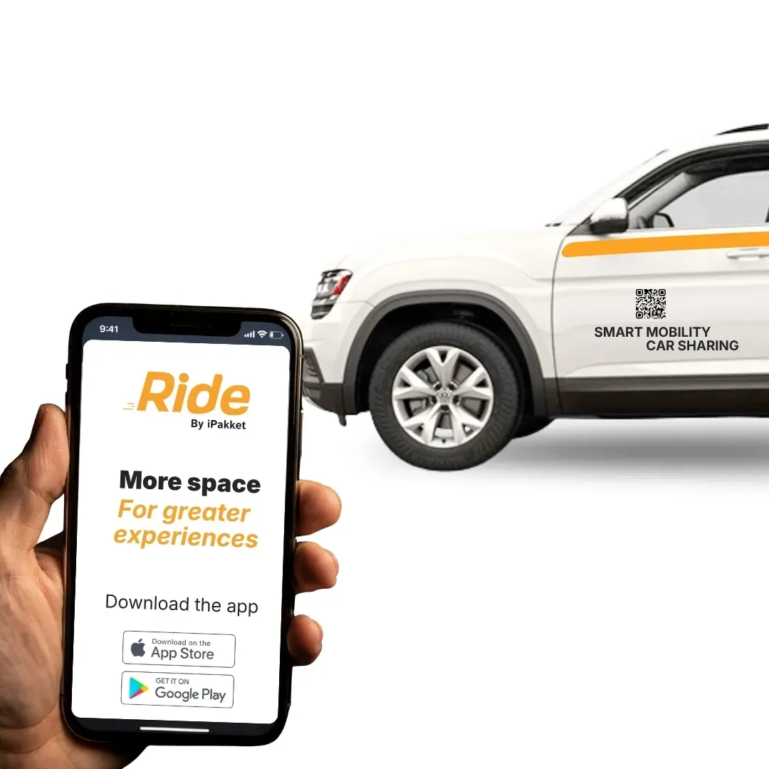 Hand holding a phone with the Ride by iPakket app open in front of a Ride carsharing SUV