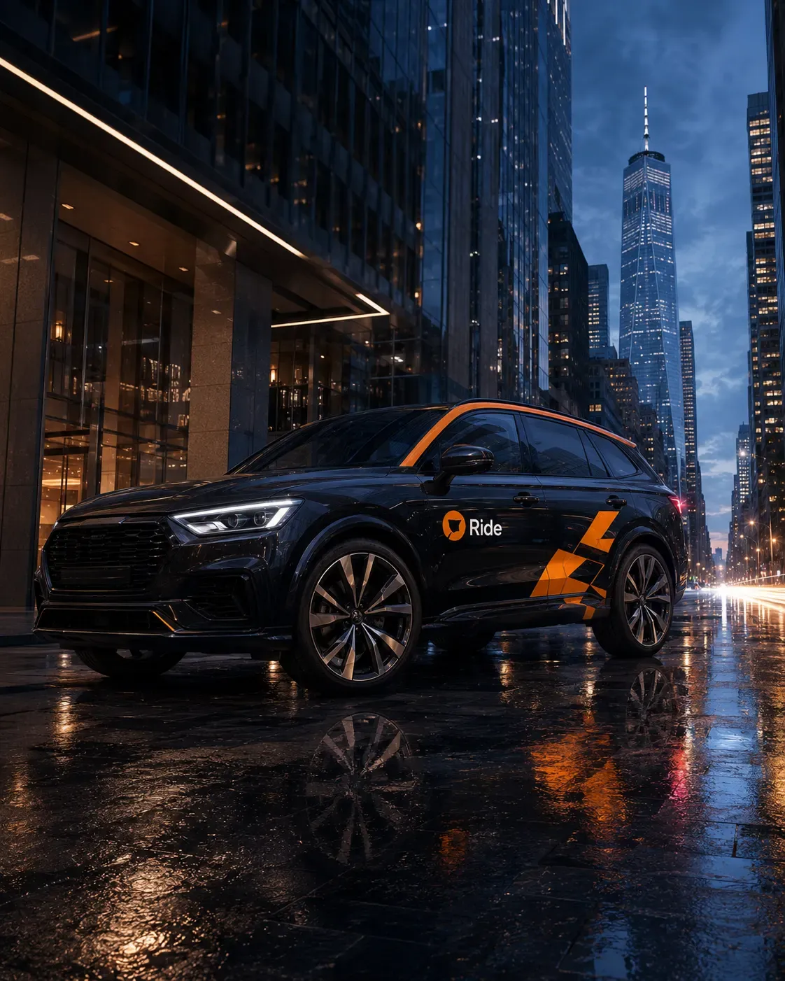 Ride carsharing SUV in black and orange livery on a wet Manhattan street at dusk