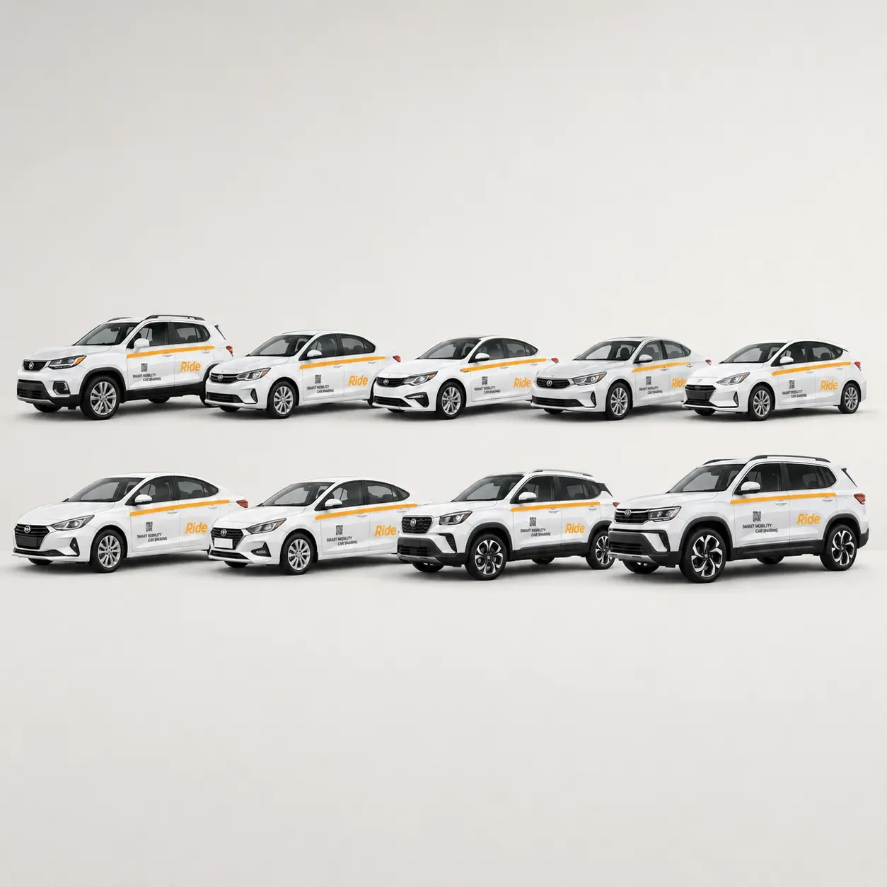 Nine Ride by iPakket carsharing vehicles lined up in two rows
