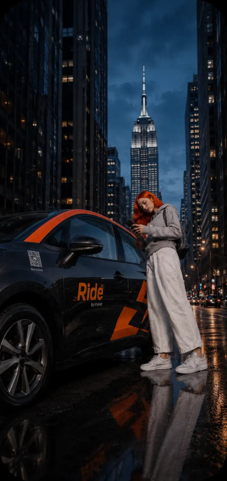 A Ride carsharing car parked on a Manhattan street while a woman unlocks it from the app on her phone