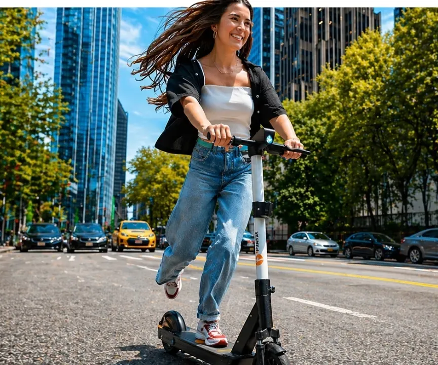 Rider on an iPakket e-scooter on a city avenue