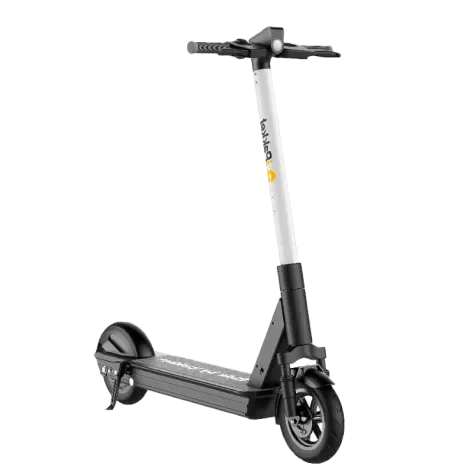 Ride by iPakket shared e-scooter, side view with white stem and black deck