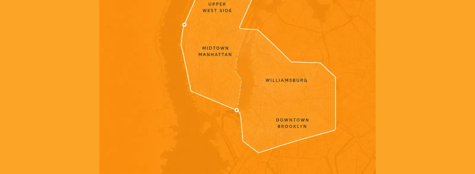 Ride service area map showing Upper West Side, Midtown Manhattan, Williamsburg and Downtown Brooklyn